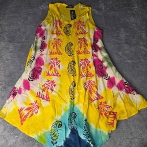 Shore Drive Womens Plus Size Tunic Dress Yellow Tie Dye Paisley Palm Tree U-3004